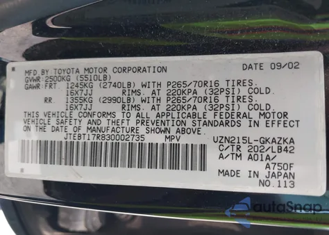 2003 Toyota 4Runner Limited V8 z USA, uszkodzony, nr VIN JTEBT17R830002735